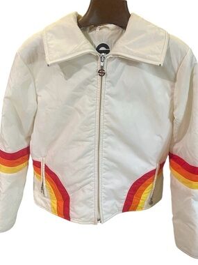 True Vintage 1970s Rainbow Stripe Saska Cropped Ski Jacket White Nylon Retro Mod
